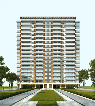 Modern High Rise Residential Building Exterior With Windows Balconies And Surrounding Trees 3d model