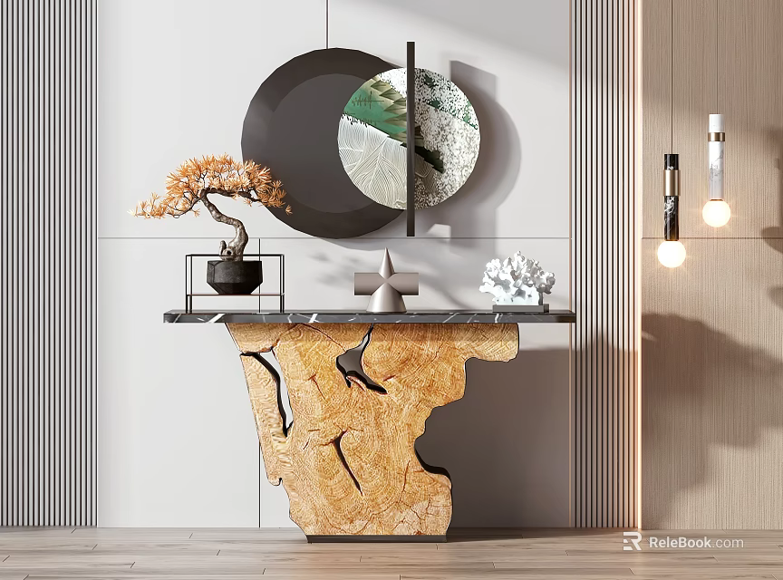 Modern Console Table Interior With Circular Mirror Bonsai Pine Decorative Items And Wooden Countertop 3d model 