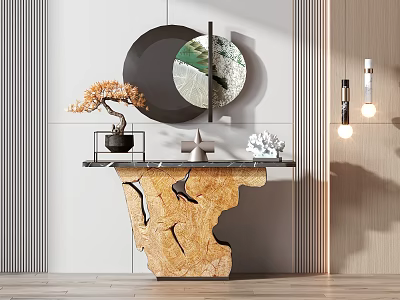Modern Console Table Interior With Circular Mirror Bonsai Pine Decorative Items And Wooden Countertop 3d model