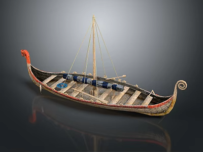Traditional Wooden Boat With Red Carved Bow Blue Barrels And Curved Stern Ornament 3d model