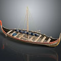 Traditional Wooden Boat With Red Carved Bow Blue Barrels And Curved Stern Ornament