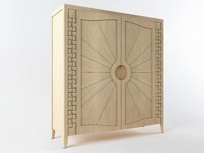 Traditional Light Wood Wardrobe With Two Doors Radiating Patterns And Circular Ornament 3d model