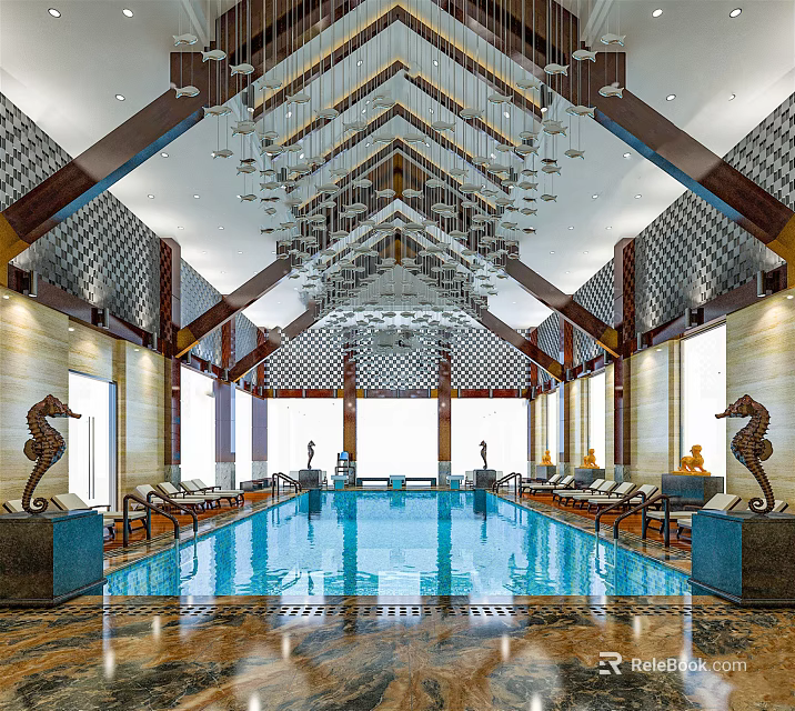 Luxurious Indoor Swimming Pool With Chandeliers Loungers And Seahorse Sculptures 3d model 