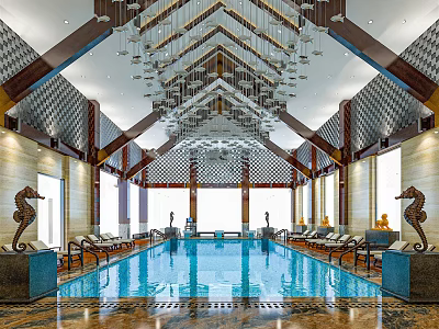 Luxurious Indoor Swimming Pool With Chandeliers Loungers And Seahorse Sculptures 3d model
