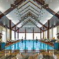 Luxurious Indoor Swimming Pool With Chandeliers Loungers And Seahorse Sculptures