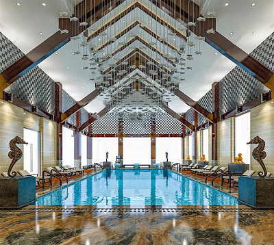 Luxurious Indoor Swimming Pool With Chandeliers Loungers And Seahorse Sculptures 3d model