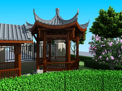 Traditional Chinese Pavilion With Grey Tile Roof Wooden Structure Green Bushes And Pink Flowering Tree 3d model