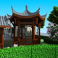 Traditional Chinese Pavilion With Grey Tile Roof Wooden Structure Green Bushes And Pink Flowering Tree