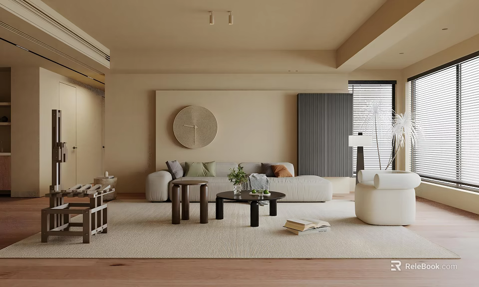 Modern Living Dining Room With Beige Walls Round Art Light Gray Sofa And Wooden Flooring 3d model 