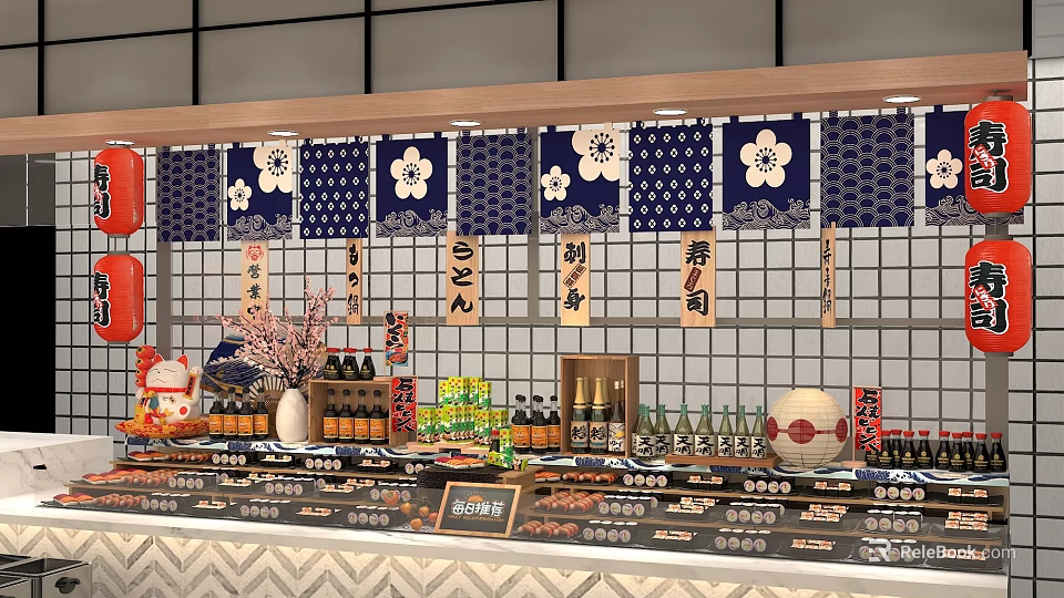 Traditional Japanese Cuisine Display Counter With Cherry Blossom Curtains And Bottled Condiments 3d model 