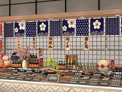 Japanese Style Traditional Japanese Food Sushi Stall Japanese Style Atmosphere Food Decoration Display Table Sushi Sake Plus Japanese Lantern 3d model