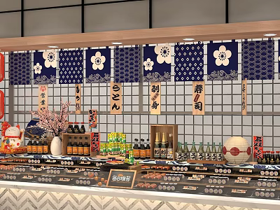 Traditional Japanese Cuisine Display Counter With Cherry Blossom Curtains And Bottled Condiments 3d model