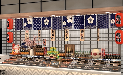 Japanese Style Traditional Japanese Food Sushi Stall Japanese Style Atmosphere Food Decoration Display Table Sushi Sake Plus Japanese Lantern 3d model