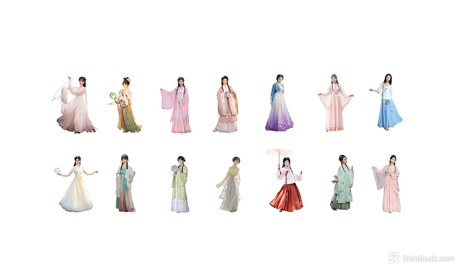 Women Wearing Traditional Costumes With Various Styles Colorful Dresses And Classical Hairstyles 3d model 