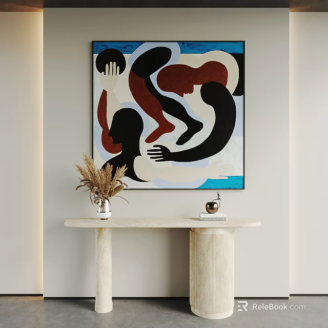 Abstract Wall Art Above Marble Console Table With Dried Plants And Decor 3d model