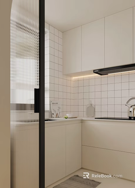 Modern Kitchen Interior With White Tiled Backsplash White Cabinets Range Hood And Kettle 3d model