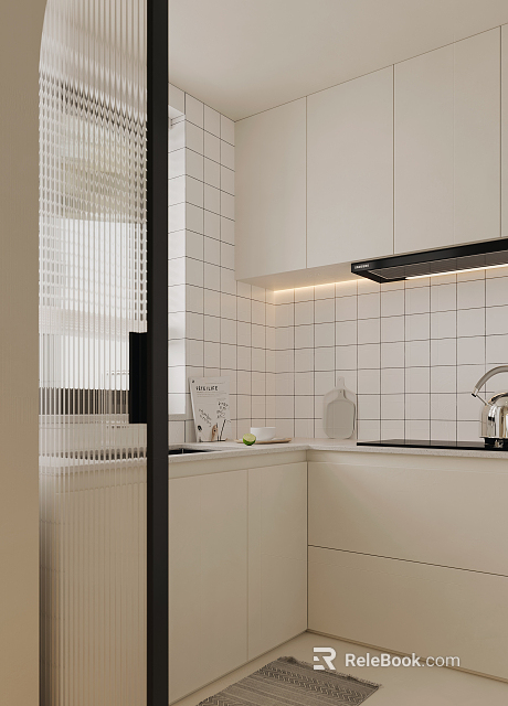 Modern Kitchen Interior With White Tiled Backsplash White Cabinets Range Hood And Kettle 3d model 