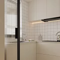 Modern Kitchen Interior With White Tiled Backsplash White Cabinets Range Hood And Kettle