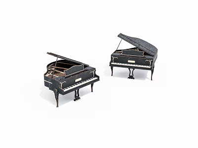 Two Black Miniature Piano Models With Open Lids And Wooden Legs 3d model