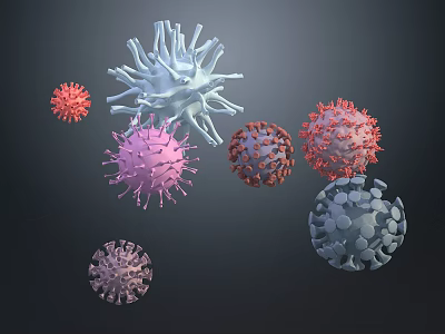 3D Rendered Virus Particles With Various Colors And Different Shapes On Dark Background 3d model