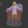 Woman In White Sweater Pink Skirt Standing By Brick Wall With Blue Cloud Green Grass