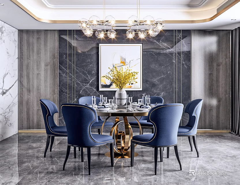 Modern Dining Table Set with Blue Chairs Marble Wall Chandelier and Vase with Yellow Flowers 3d model 