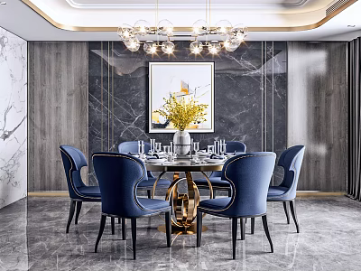 Modern Dining Table Set with Blue Chairs Marble Wall Chandelier and Vase with Yellow Flowers 3d model