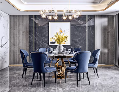 Modern Dining Table Set with Blue Chairs Marble Wall Chandelier and Vase with Yellow Flowers 3d model