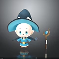 Cute Cartoon Character With Blue Hat Blue Cloak And Magic Staff With Blue Gem