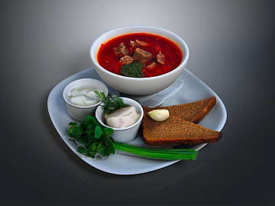 Borscht Soup With Meat Chunks In White Bowl Served With Sauce Bread Broccoli Green Onion 3d model