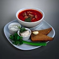 Borscht Soup With Meat Chunks In White Bowl Served With Sauce Bread Broccoli Green Onion