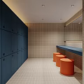 Shower Room Interior Featuring Orange Tiled Walls Multiple Cubicles And Towel Holders