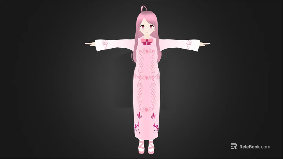 3D Anime Character Model in Pink Qipao with Long Pink Hair Floral Patterns Arms Outstretched 3d model 