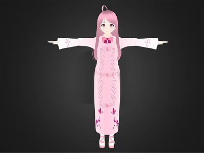 3D Anime Character Model in Pink Qipao with Long Pink Hair Floral Patterns Arms Outstretched 3d model