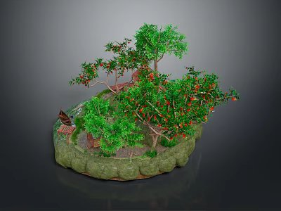 Miniature Landscape Scene With Green Trees Red Fruits Small Cabin And Rock Base 3d model