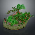 Miniature Landscape Scene With Green Trees Red Fruits Small Cabin And Rock Base