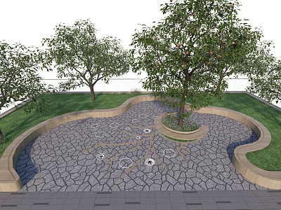 Beautiful Flower Bed and Planter Landscape Design With Curved Stone Paving Trees and Lawn 3d model