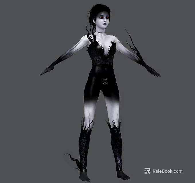 Female Game Movie Character In Black Tattered Bodysuit With Branch Like Appendages And Grayscale Design 3d model 