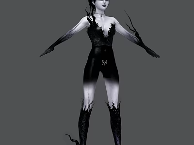 Female Game Movie Character In Black Tattered Bodysuit With Branch Like Appendages And Grayscale Design 3d model