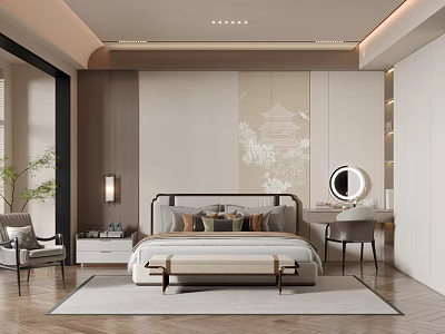 Modern Bedroom Interior Design With Comfortable Bed Nightstand Dresser Mirror And Soft Lighting 3d model