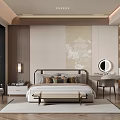 Modern Bedroom Interior Design With Comfortable Bed Nightstand Dresser Mirror And Soft Lighting