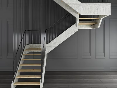 Modern Minimalist Staircase Interior With Wooden Treads Black Railing And Gray Walls 3d model
