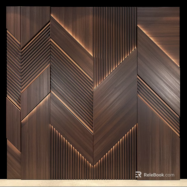Modern Dark Wooden Wall Decor With Herringbone Pattern And Built In Lighting 3d model 