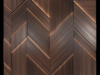 Modern Dark Wooden Wall Decor With Herringbone Pattern And Built In Lighting 3d model