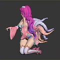 Fantasy Game Female Character With Pink Hair And Decorative Ribbons In Kneeling Pose