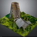 Ancient Stone Tower And Rustic Small House In Lush Green Grass Model Scene