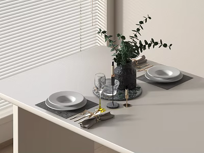 Modern Tableware Set with Plates Wine Glasses Cutlery Napkins Green Plant on White Blinds Table 3d model