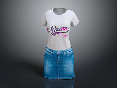 White Swan Clothing T shirt With Pink Purple Logo And Blue Denim Skirt Outfit 3d model