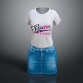 White Swan Clothing T shirt With Pink Purple Logo And Blue Denim Skirt Outfit