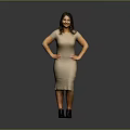 Woman in Beige Dress Standing with Hands on Hips Against Gray Background